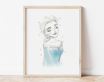 Princess Elsa Art Print, Instant Download, Frozen Art, Girls Nursery Art, Watercolor Art, Elsa & Anna, Sketch Minimalist Art Portrait