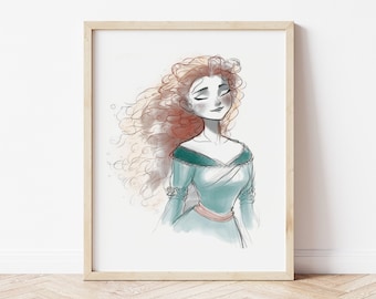 Impression d'art aquarelle princesse Merida : décoration de chambre d'enfant courageuse (téléchargement numérique)