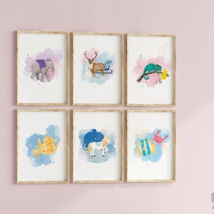 Characters Art Print Set of 6, Watercolor Wall Art for Girls Room or Nursery, Aladdin, Frozen, Rapunzel, Cinderella, Digitial Art