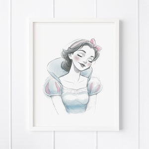 May include: A watercolor illustration of Snow White, a Disney princess, with her eyes closed and a soft smile. She is wearing a blue dress with a white lace collar and a pink bow in her hair.