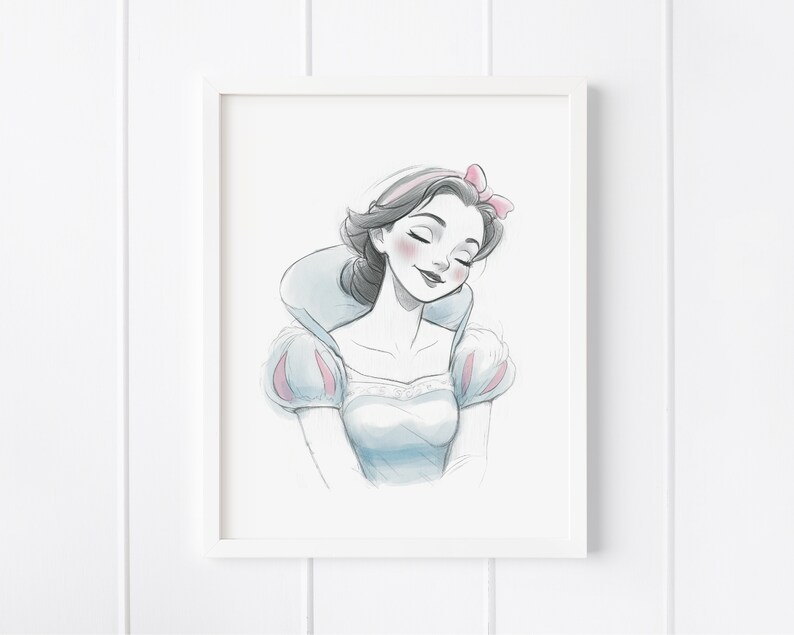 May include: A watercolor illustration of Snow White, a Disney princess, with her eyes closed and a soft smile. She is wearing a blue dress with a white lace collar and a pink bow in her hair.