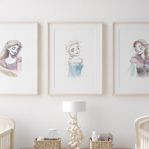 Set van 3 prinsessen, kies je eigen prinses, kunstmuurset prinses, kunstafdruk, kinderkamerkunst meisjes, aquarel prinses kinderkamerkunst
