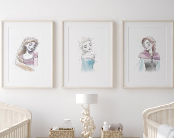 Set of 3 Princesses, Choose Your Own, Princess Art Wall Set, Art Print, Girls Nursery Art, Watercolor Princess Nursery Art