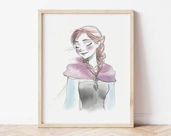 Princess Anna Frozen Art Print, Girls Nursery, Sketched Princess Wall Art, Ana, Elsa, Olaf, Sketch Art Portrait Digitial Download Art