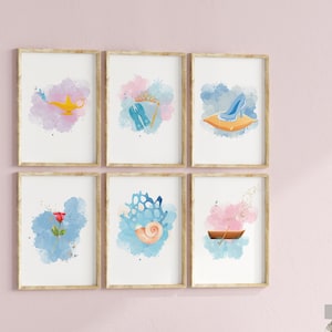 Princess Collectables Art Print Set of 6, Watercolor Wall Art Girls Room or Nursery, Aladdin, Frozen, Rapunzel, Cinderella, Little Mermaid