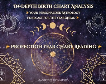 May include: A purple and gold astrology chart with the text "IN-DEPTH BIRTH CHART ANALYSIS", "YOUR PERSONALIZED ASTROLOGY FORECAST FOR THE YEAR AHEAD", and "PROFECTION YEAR CHART READING". The chart features a star sign wheel, a sun and moon, and other astrological symbols.