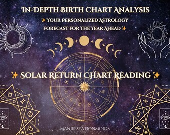 May include: A purple and gold astrology chart with the text "IN-DEPTH BIRTH CHART ANALYSIS", "YOUR PERSONALIZED ASTROLOGY FORECAST FOR THE YEAR AHEAD", and "SOLAR RETURN CHART READING".