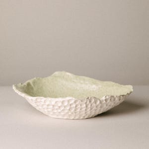 Handmade ceramic bowl, white textured pottery with delicate green glaze, decorative bowl, fruit bowl, serving bowl, unique piece