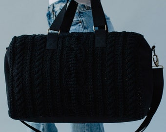 Cable Knit Black Duffel Bag, Weekender Bag, gym bag, Womans Duffel Bag, Beach bag, travel bag, Neutral Duffel Bag with removable strap,