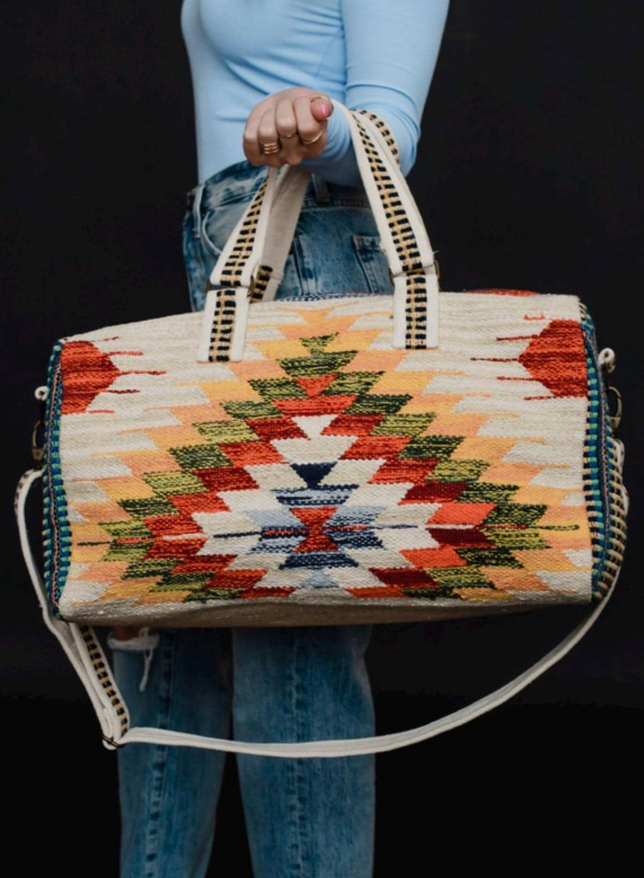 Tan & multicolored Aztec Boho Duffel Bag/ Weekender Bag, gym bag, Beach bag, diaper bag, travel bag, western duffel bag, gift