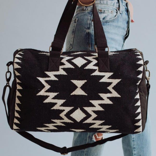Neutral Black Cream Boho Aztec Duffel Bag, Weekender , gym bag,  diaper bag, travel bag, western duffel bag, Great Valentine's Gift!