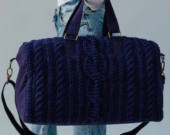 Cable Knit Navy Blue Cotton Duffel Bag, Removable Strap, weekender