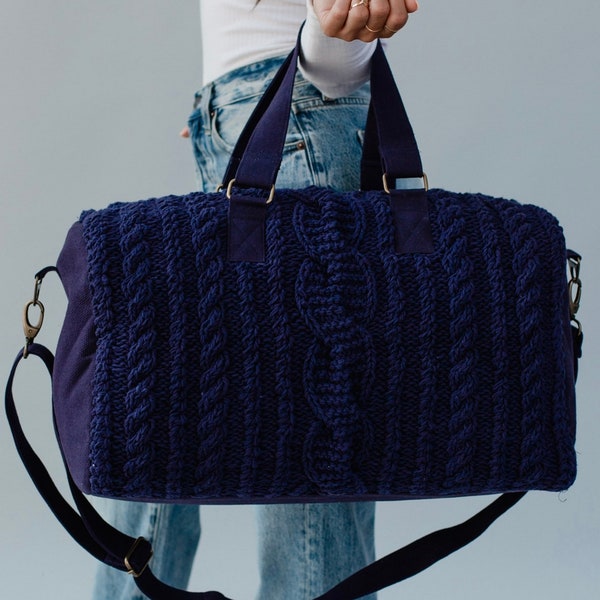 Cable Knit Navy Blue Duffel Bag, Weekender Bag, gym bag, Woman's Duffel Bag, Beach bag, travel bag, Neutral Duffel Bag with removable strap,