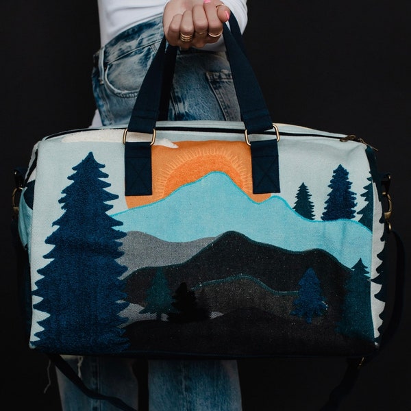 Mountain Scene Duffel Bag, Weekender Bag, Spring Duffel Bag, Summer Duffel Bag, Mountain Vacation, travel bag, Great for Holiday Travel!