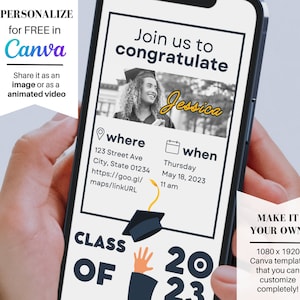 Graduierung College High School Universität Grundlegende Party Einladungskarte Digitales Handy Text Instant Canva Template Personalisieren