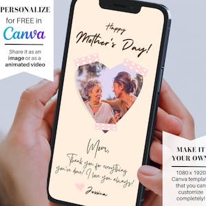 Fijne Moederdag Berichtkaart Digitale mobiele telefoon Sms-tekst Instant Canva-sjabloon Personaliseren Aanpassen