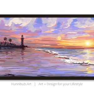 以下が含まれることがあります： 夕暮れのビーチに建つ灯台の絵。空はピンク、パープル、オレンジが混ざり合った色合いです。水は薄いブルーで、手前にヤシの木があります。