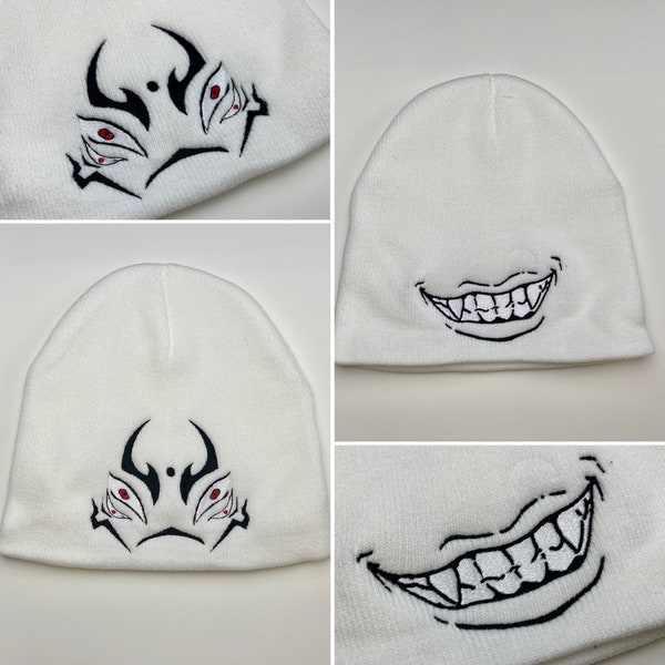 Embroidered Cursed Demon King Beanie, Thick Knit Slouch, Mythology, Anime Themed