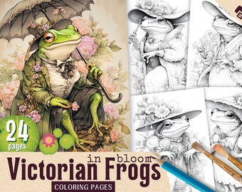 Victorian Frogs in Bloom Coloring Pages - Shaded vintage style coloring, floral vintage style frogs, frogs Printable coloring book pages