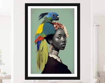 Woman & Parrot, Retro Collage Art, Surreal Art, Vintage Wall Art, Retro Poster, Surrealism Art, Printable Art, Unreal Art, Digital Download