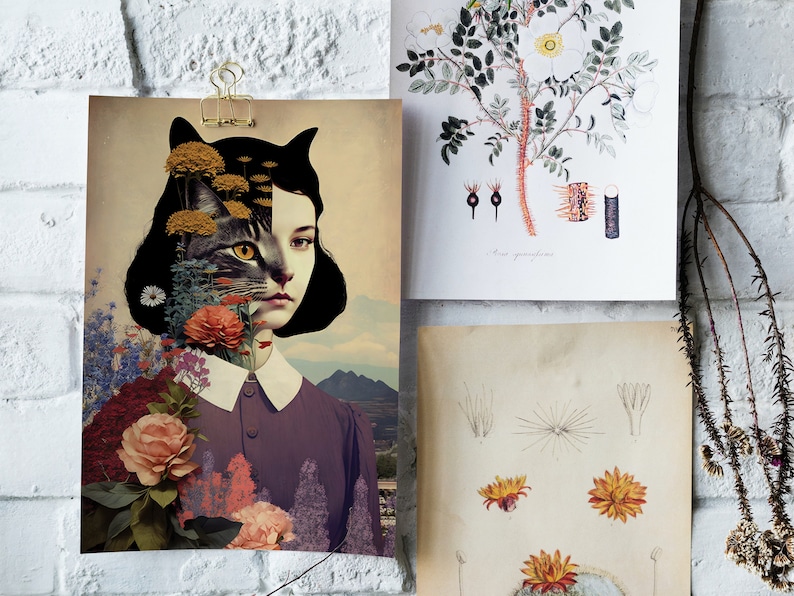 May include: A surreal collage art print featuring a woman with a cat's face, surrounded by colorful flowers and a mountain landscape in the background.