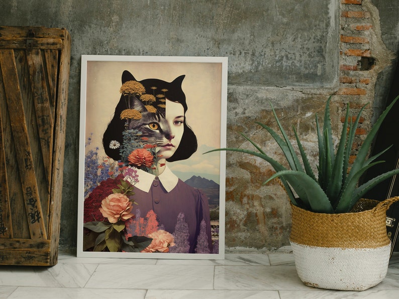 May include: A framed print of a woman with a cat's face, surrounded by flowers and foliage. The woman has dark hair and is wearing a purple dress with a white collar. The background is a landscape with mountains and a field.