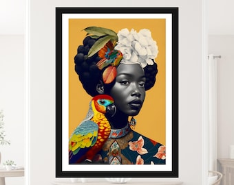 Woman, Parrot, Retro Collage Art, Surreal Art, Vintage Wall Art, Retro Poster, Surrealism Art, Printable Art, Unreal Art, Digital Download