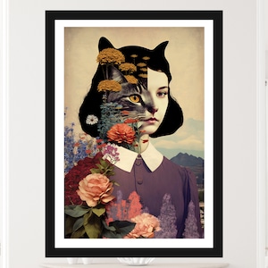May include: A surrealist art print featuring a woman with a cat's face, surrounded by colorful flowers. The woman's hair is black and her eyes are brown. The cat's face is gray and white. The flowers are a mix of red, pink, yellow, and blue.