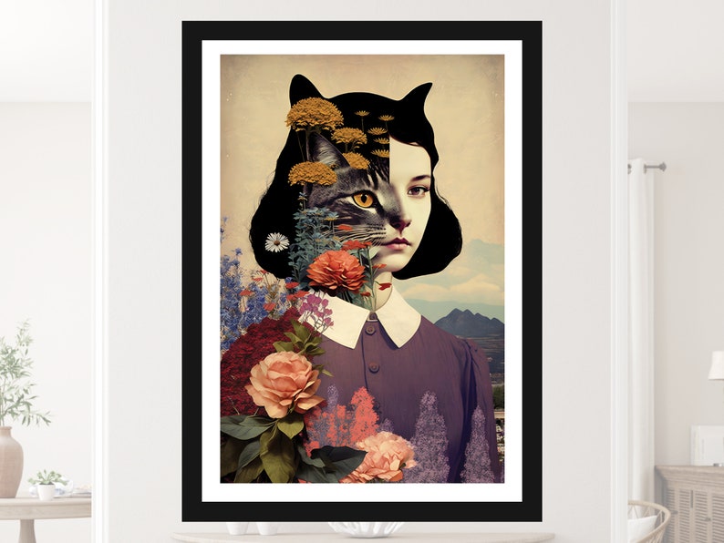 May include: A surrealist art print featuring a woman with a cat's face, surrounded by colorful flowers. The woman's hair is black and her eyes are brown. The cat's face is gray and white. The flowers are a mix of red, pink, yellow, and blue.