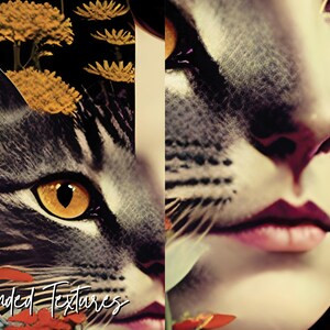 May include: A close-up of a cat's eye and face blended with a woman's face. The cat's eye is bright yellow with a black pupil. The woman's face is partially visible, showing her nose, lips, and part of her eye. The image is titled "Blended Textures".