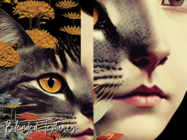 May include: A close-up of a cat's eye and face blended with a woman's face. The cat's eye is bright yellow with a black pupil. The woman's face is partially visible, showing her nose, lips, and part of her eye. The image is titled "Blended Textures".