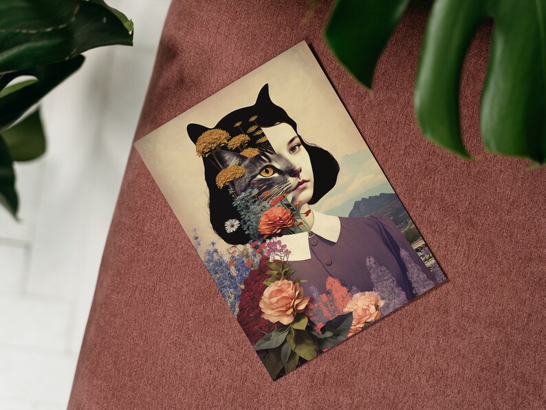 May include: A surreal collage featuring a woman with a cat's face, surrounded by colorful flowers and greenery. The woman's hair is black and her eyes are closed. The cat's face is partially obscured by the flowers.