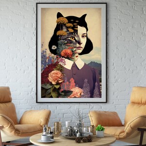 May include: A surrealist digital art print featuring a woman with a cat's head, surrounded by flowers and foliage. The woman's face is partially obscured by the cat's head, creating a sense of mystery and intrigue.