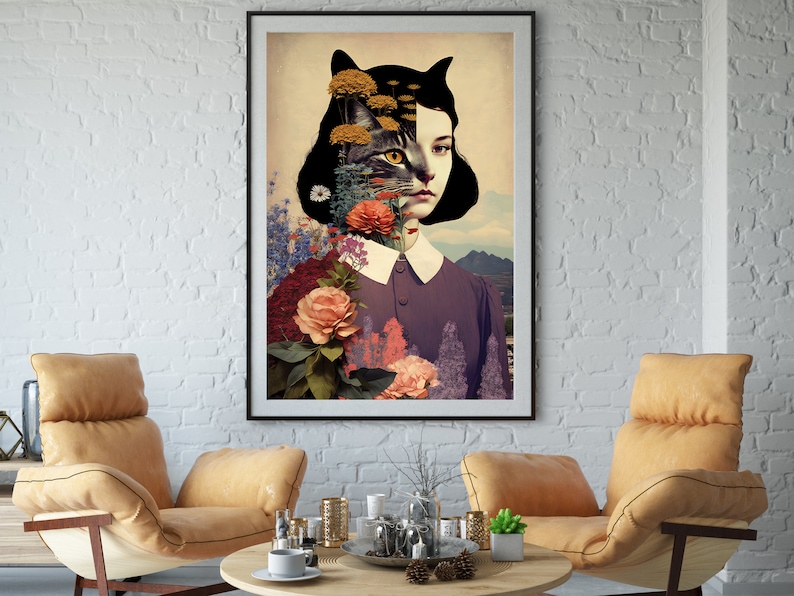 May include: A surrealist digital art print featuring a woman with a cat's head, surrounded by flowers and foliage. The woman's face is partially obscured by the cat's head, creating a sense of mystery and intrigue.
