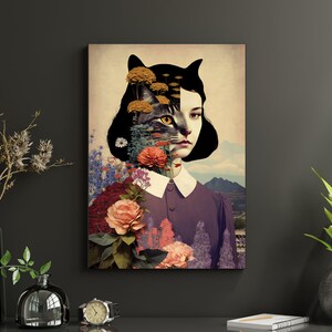 May include: A surreal portrait of a woman with a cat's face, surrounded by colorful flowers and foliage. The woman's hair is black and her eyes are blue. The cat's face is gray and white. The background is a landscape with mountains and a blue sky.