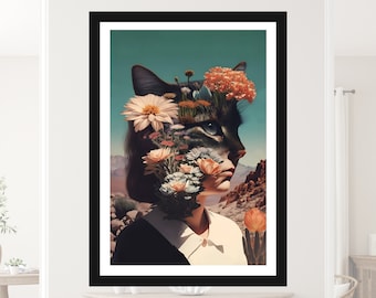 Cat Girl Retro Collage Art, Surreal Art, Vintage Wall Art, Retro Poster, Surrealism Art, Printable Art, Unreal Art, Digital Download