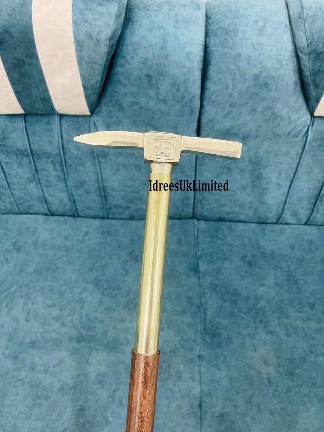 Ice Axe Head Walking Cane Brass Handle Wooden Walking Stick Etsy