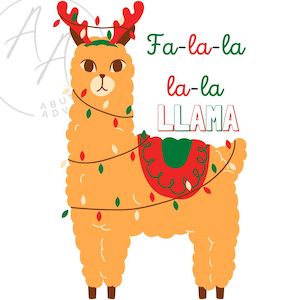 Può includere: Un lama di cartone animato che indossa una ghirlanda di Natale rossa e verde con il testo "Fa-la-la la-la LLAMA" su uno sfondo bianco.