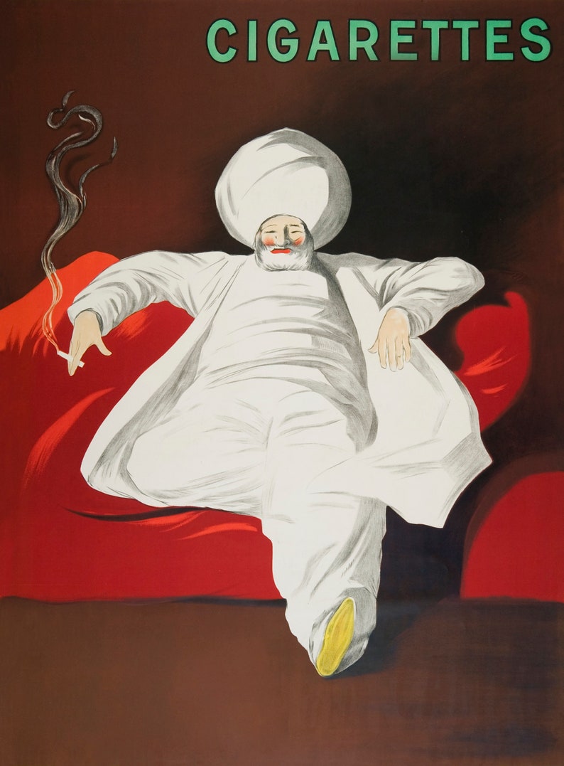 May include: A vintage advertisement for cigarettes featuring a man in a white robe and turban reclining on a red couch, smoking a cigarette. The text "CIGARETTES" is displayed in green letters at the top of the image.