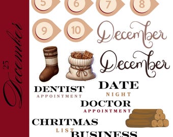 May include: A digital planner sticker sheet with a burgundy border. The sheet includes numbered circles, the word "December", a brown sock, a bag of chocolates, and text such as "Dentist Appointment" and "Christmas List".