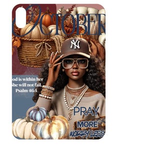 Pode incluir: Capa para iPad Mini com uma ilustração digital. O design apresenta a palavra "OUTUBRO" e abóboras. Inclui uma mulher usando um boné de beisebol e óculos de sol, com o texto "PRAY MORE WORRY LESS" e um versículo bíblico.