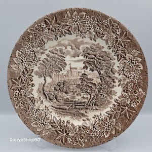 Vintage englischer Keramik Teller, braune Transferware, Schloss Szene, Blumenrand, 1960er Jahre Wandplatte, Cottagecore Wohndekor