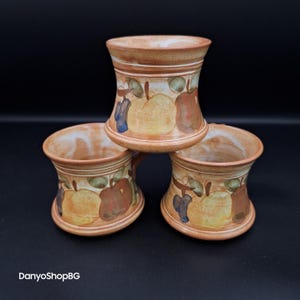 Vintage French Provence Pottery Mugs Set of 3 – Rare Hand Painted Rustic Fruit Design by La Poterie France – Country Farmhouse Kitchen Decor