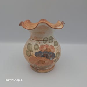 Vintage French Ceramic Vase La Poterie Provence 1970s Terracotta Rustic Country Pottery Hand Painted Floral Ruffled Edge Cottagecore Decor