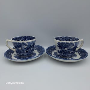 Vintage Grindley blått Transferware teservis: Staffordshire lantlig stil koppar och fat