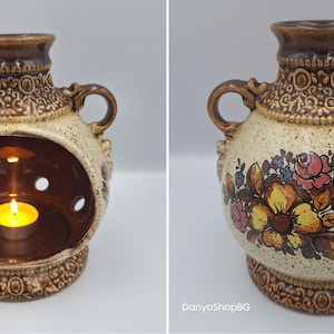 Vintage 1960s West German Candle Holder by Westerwälder Wertarbeit, Hand Painted Ceramic, Mid Century Rustic Pottery, Retro Gift Decor