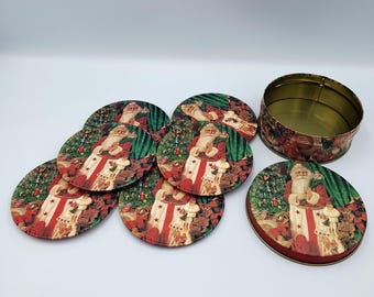 Vintage Christmas Santa Claus Coaster Set, Retro Holiday Decor