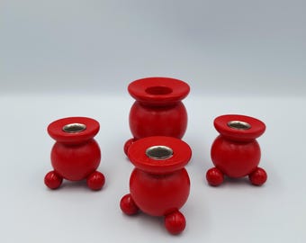 Vintage Red Wooden Candle Holders, Mid-Century Scandinavian Christmas Decor, Set of 4