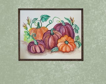 May include: Watercolor painting of pumpkins in shades of orange and purple, with green vines and leaves. The pumpkins are arranged in a group, with varying sizes and shapes. The artwork is framed in a dark brown frame.