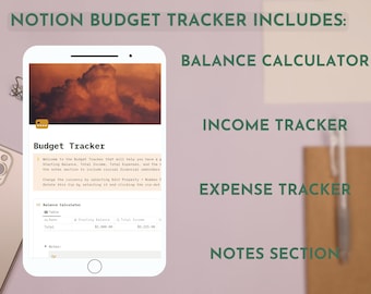 May include: A screenshot of a Notion app on a mobile phone showing a budget tracker with a balance calculator, income tracker, expense tracker, and notes section. The app has a yellow and orange background with a cloudy sky image.